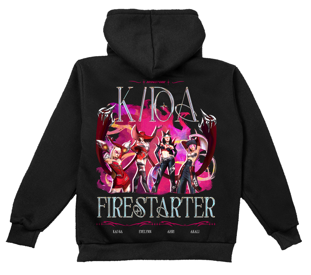 Firestarter K/DA hoodie in black – back, flat lay – League of Legends