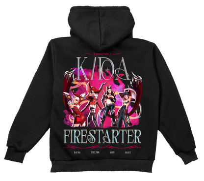 Firestarter K/DA hoodie in black – back, flat lay – League of Legends
