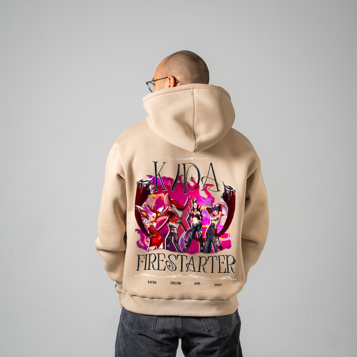 Firestarter K/DA hoodie in beige – back view on model – League of Legends