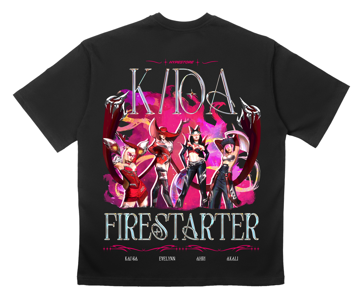 Firestarter K/DA oversize T-shirt in black – back, flat lay – League of Legends
