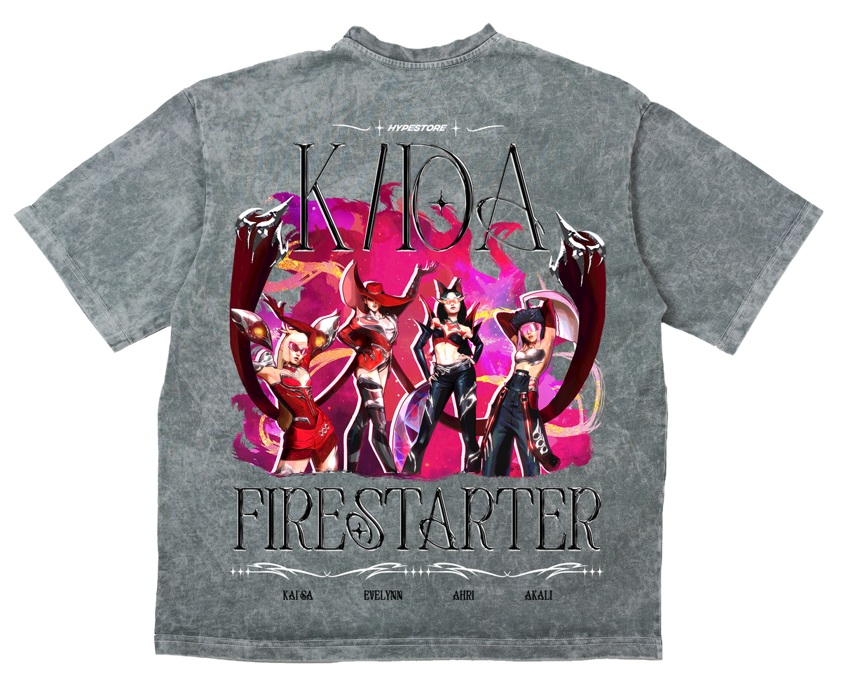 Firestarter K/DA oversize T-shirt in gray – back, flat lay – League of Legends